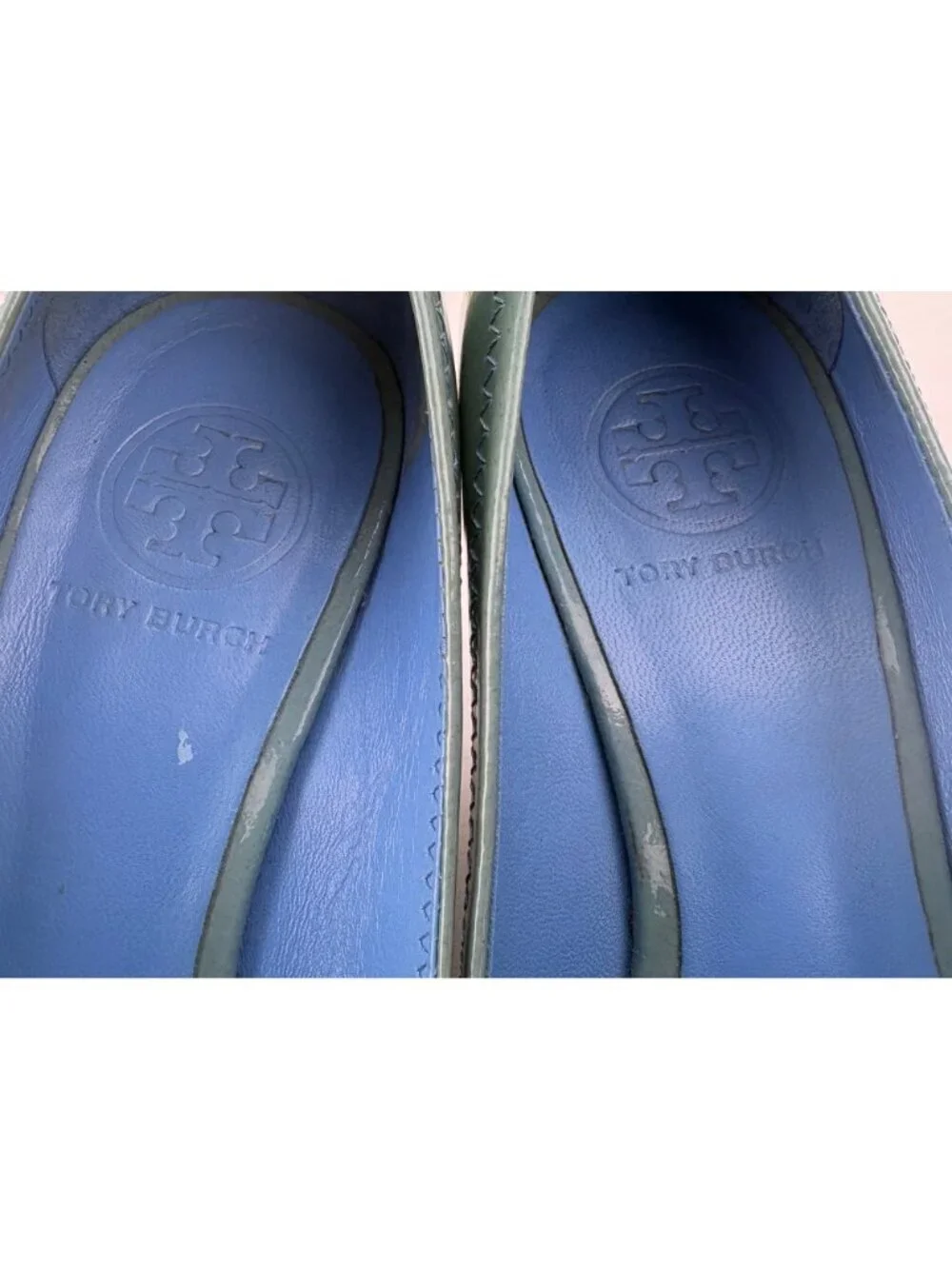 Tory Burch Patent Leather Peep Toe Wedge Pumps Blue Green RARE Colorway Size 8